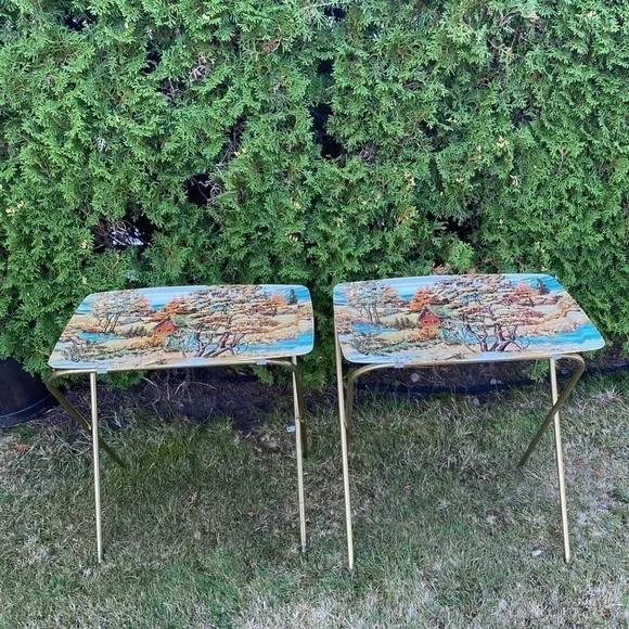 SET Of 2 Vintage Lavada Country Theme Metal TV Trays Metal Tray TV Table MCM - Picture 2 of 14